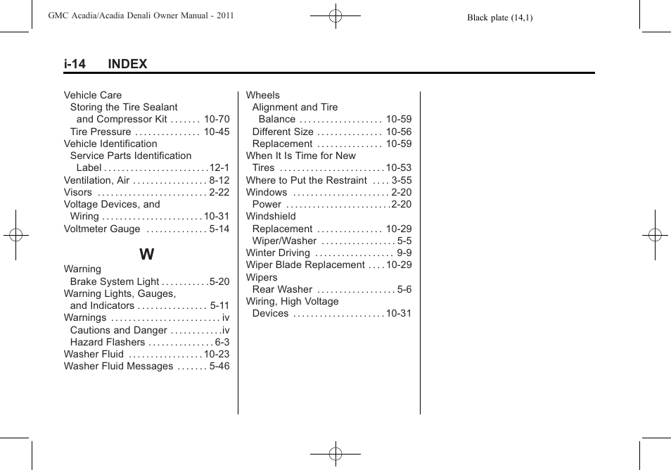 Index_w, I-14 index | GMC 2011 Acadia User Manual | Page 478 / 478