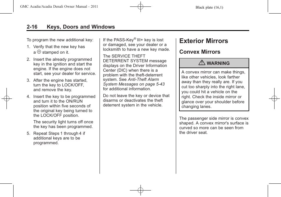 Exterior mirrors, Convex mirrors, Exterior mirrors -16 | Vehicle personalization, Convex mirrors -16 | GMC 2011 Acadia User Manual | Page 48 / 478