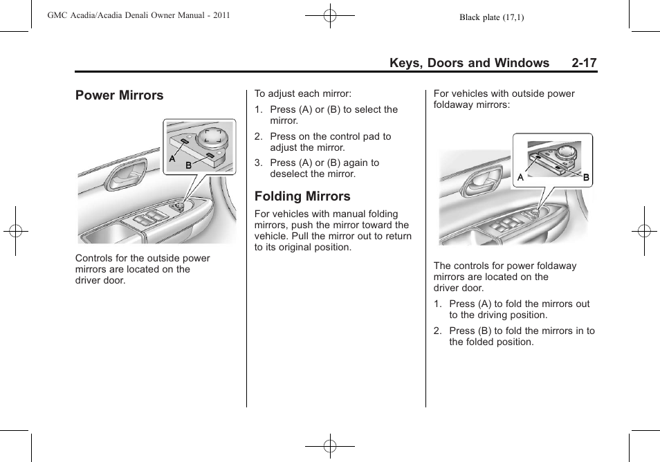 Power mirrors, Folding mirrors, Mirrors -17 | GMC 2011 Acadia User Manual | Page 49 / 478