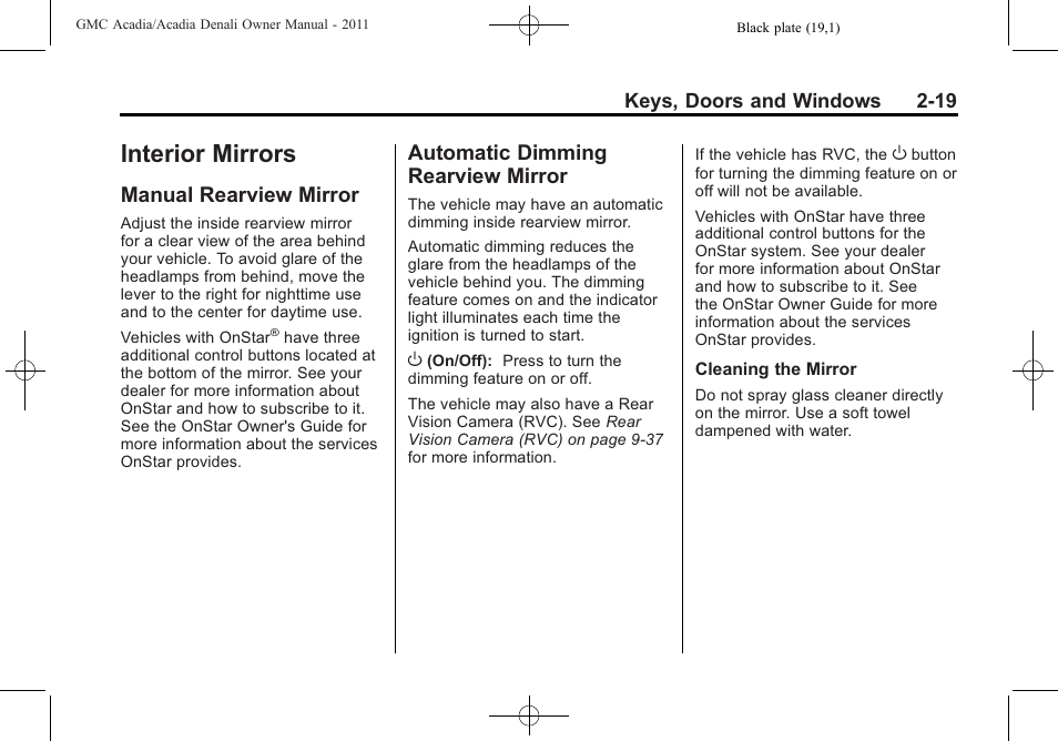 Interior mirrors, Manual rearview mirror, Automatic dimming rearview mirror | Interior mirrors -19, Universal, Rearview mirror -19 automatic dimming rearview, Mirror -19 | GMC 2011 Acadia User Manual | Page 51 / 478