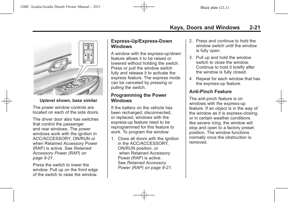 Keys, doors and windows 2-21 | GMC 2011 Acadia User Manual | Page 53 / 478