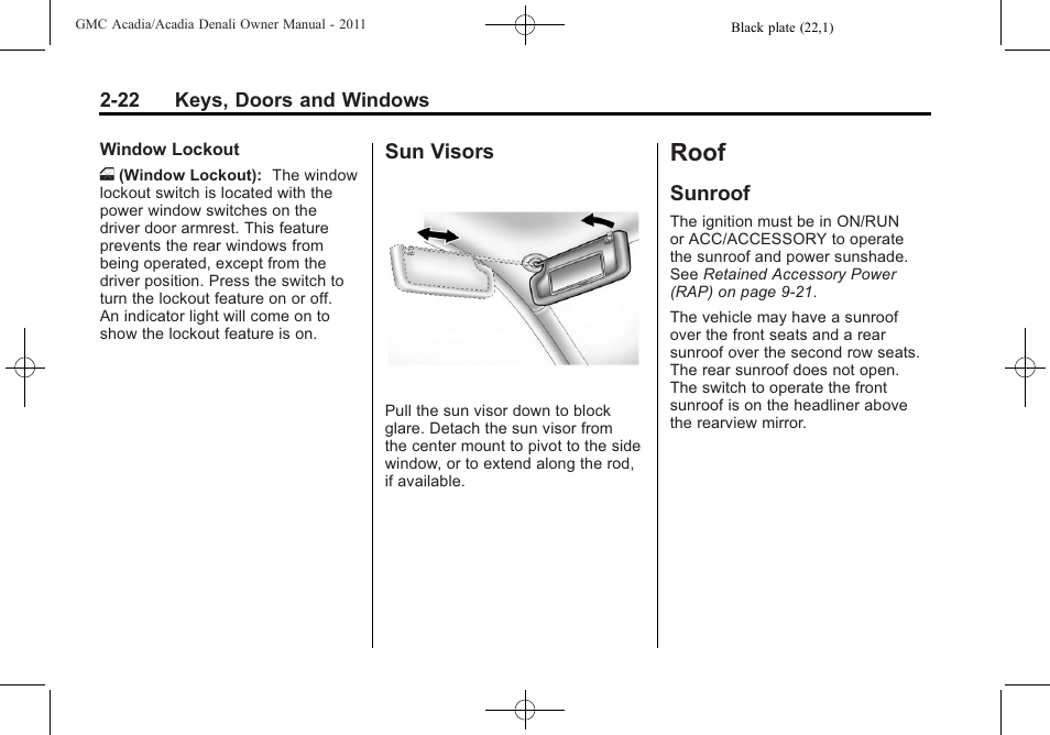 Sun visors, Roof, Sunroof | Roof -22, Sun visors -22, Sunroof -22 | GMC 2011 Acadia User Manual | Page 54 / 478