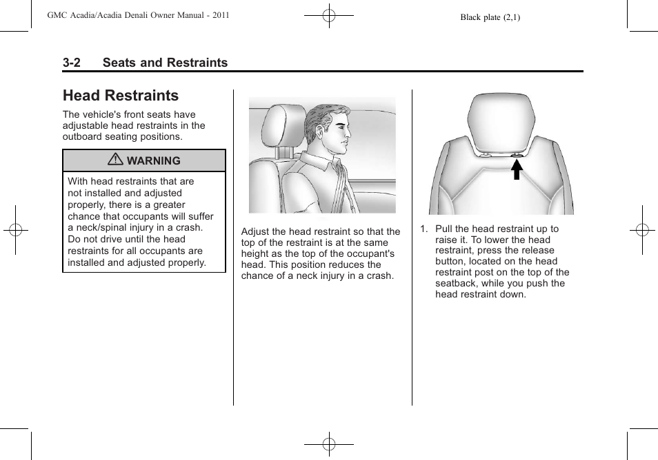 Head restraints, Head restraints -2 | GMC 2011 Acadia User Manual | Page 58 / 478