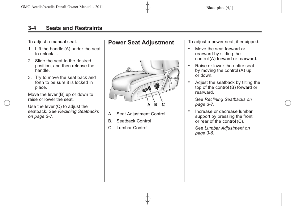 Power seat adjustment, Power seat adjustment -4, 4 seats and restraints | GMC 2011 Acadia User Manual | Page 60 / 478