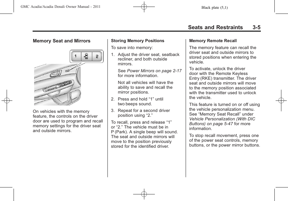 Seats and restraints 3-5 | GMC 2011 Acadia User Manual | Page 61 / 478