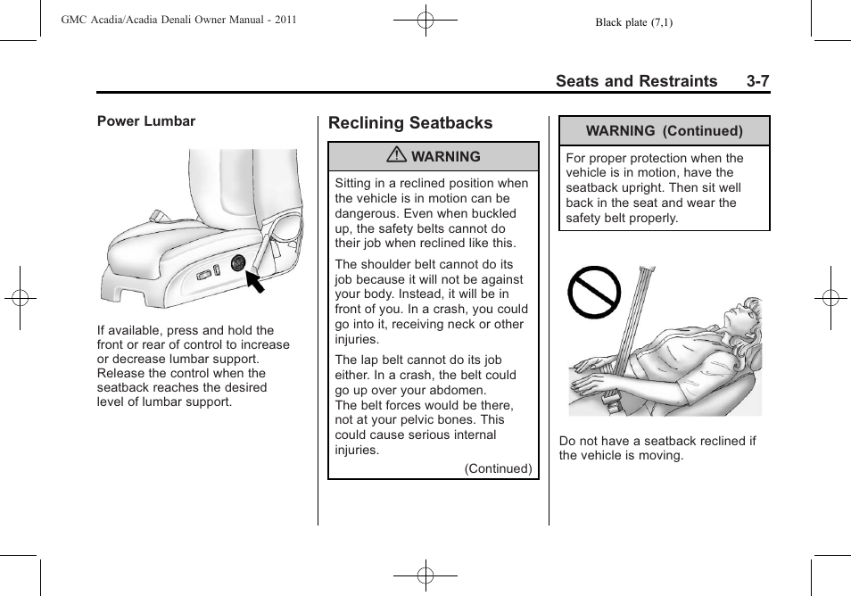 Reclining seatbacks, Reclining seatbacks -7 | GMC 2011 Acadia User Manual | Page 63 / 478