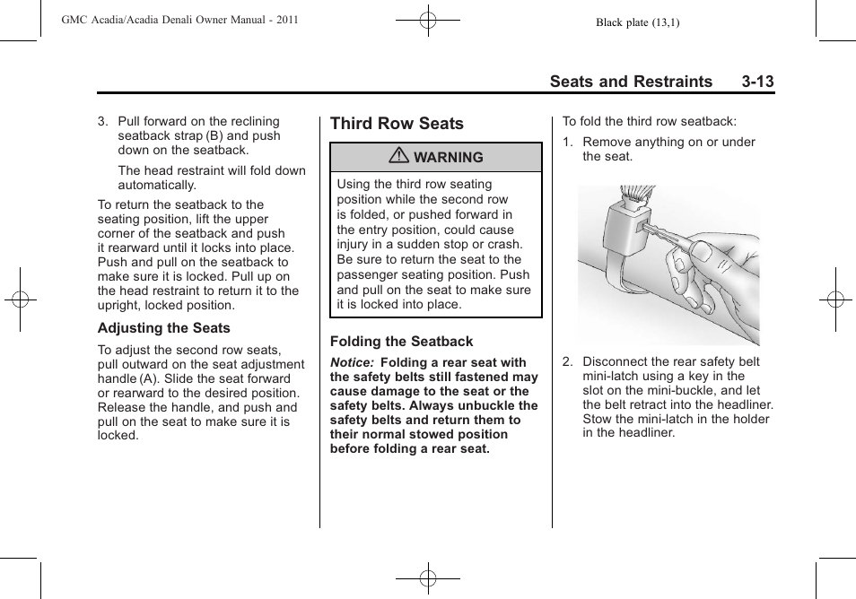 Third row seats, Third row seats -13, Airbag | GMC 2011 Acadia User Manual | Page 69 / 478