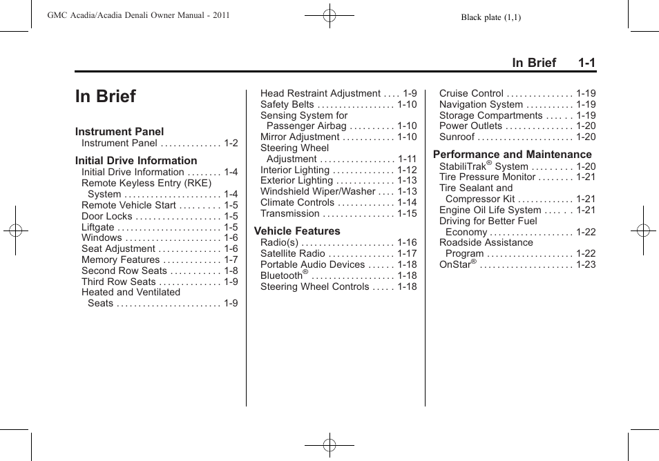 In brief, In brief -1 | GMC 2011 Acadia User Manual | Page 7 / 478