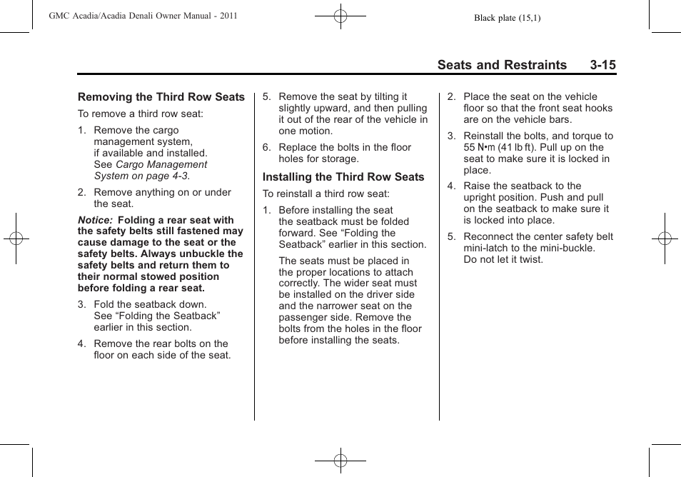 Seats and restraints 3-15 | GMC 2011 Acadia User Manual | Page 71 / 478