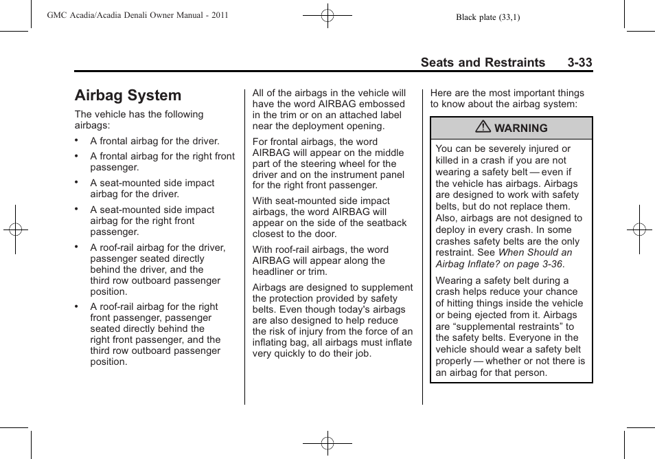 Airbag system, Airbag system -33, Seats and restraints 3-33 | GMC 2011 Acadia User Manual | Page 89 / 478