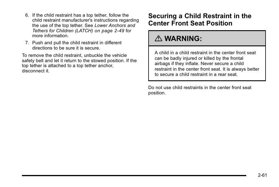 Securing a child restraint in the center front, Seat position -61, Warning | GMC 2010 Sierra User Manual | Page 103 / 658