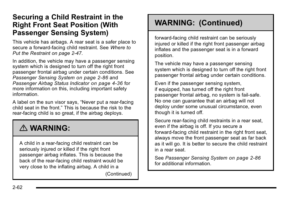 Securing a child restraint in the right front, Seat position (with passenger sensing system) -62, Warning | Warning: (continued) | GMC 2010 Sierra User Manual | Page 104 / 658