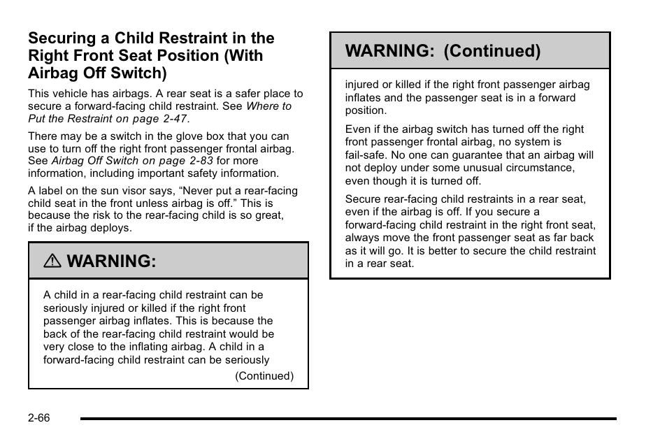 Securing a child restraint in the right front, Seat position (with airbag off switch) -66, Warning | Warning: (continued) | GMC 2010 Sierra User Manual | Page 108 / 658