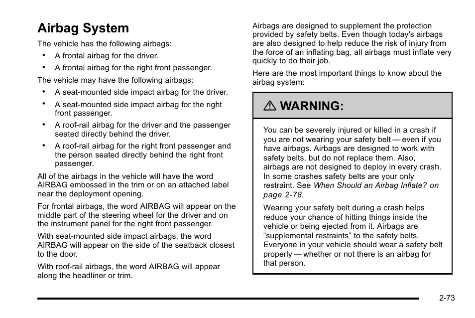 Airbag system, Airbag system -73, Your driving, the road | Warning | GMC 2010 Sierra User Manual | Page 115 / 658