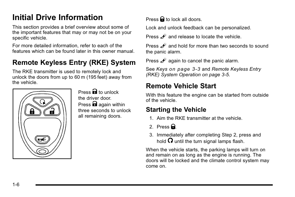 Initial drive information, Remote keyless entry (rke) system, Remote vehicle start | Initial drive information -6, Sunroof -83, Starting the vehicle | GMC 2010 Sierra User Manual | Page 12 / 658