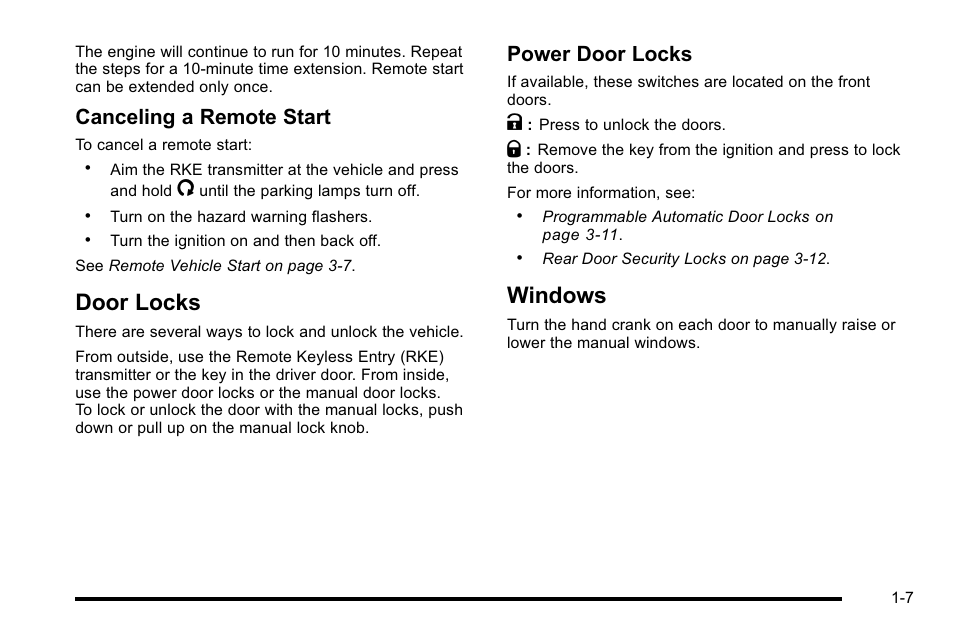 Door locks, Windows, Door locks -7 windows -7 | Canceling a remote start, Power door locks | GMC 2010 Sierra User Manual | Page 13 / 658