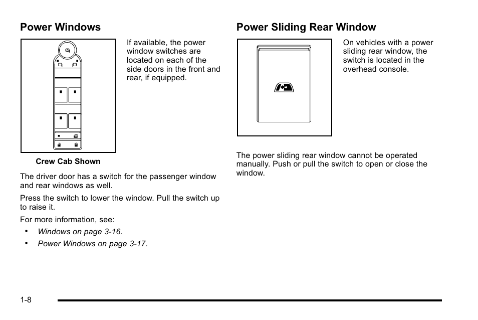 Power windows, Power sliding rear window | GMC 2010 Sierra User Manual | Page 14 / 658