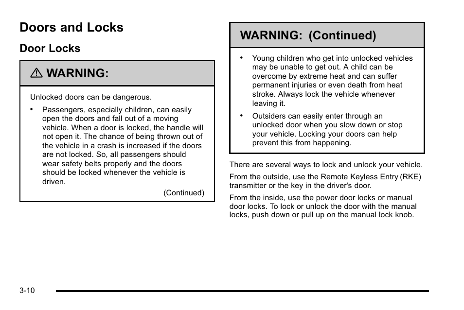 Doors and locks, Door locks, Doors and locks -10 | Door locks -10, Warning, Warning: (continued) | GMC 2010 Sierra User Manual | Page 148 / 658