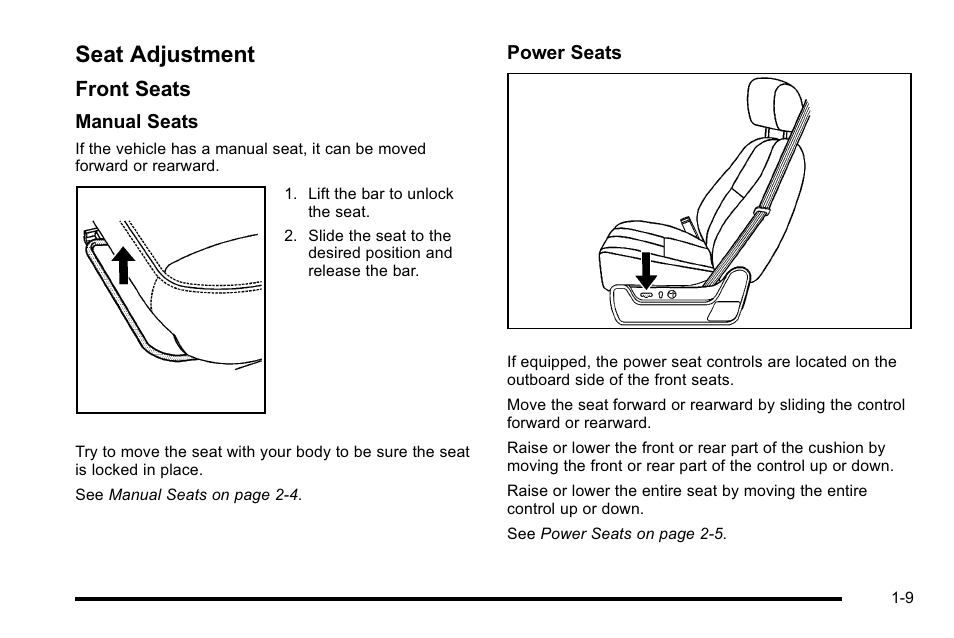 Seat adjustment, Seat adjustment -9, Front seats | GMC 2010 Sierra User Manual | Page 15 / 658