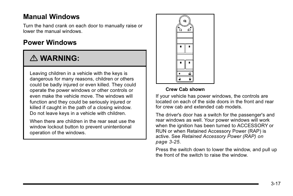 Manual windows, Power windows, Manual windows -17 power windows -17 | Warning | GMC 2010 Sierra User Manual | Page 155 / 658