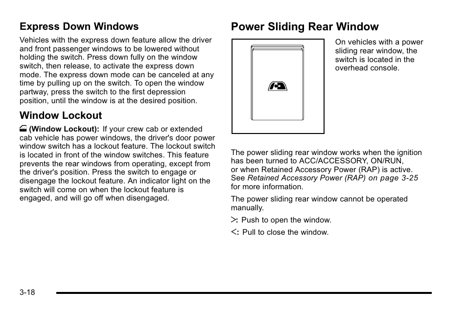 Power sliding rear window, Power sliding rear window -18, Express down windows | Window lockout | GMC 2010 Sierra User Manual | Page 156 / 658
