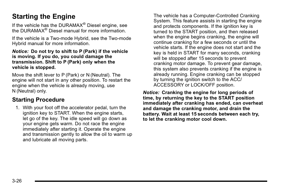 Starting the engine, Starting the engine -26, Starting procedure | GMC 2010 Sierra User Manual | Page 164 / 658