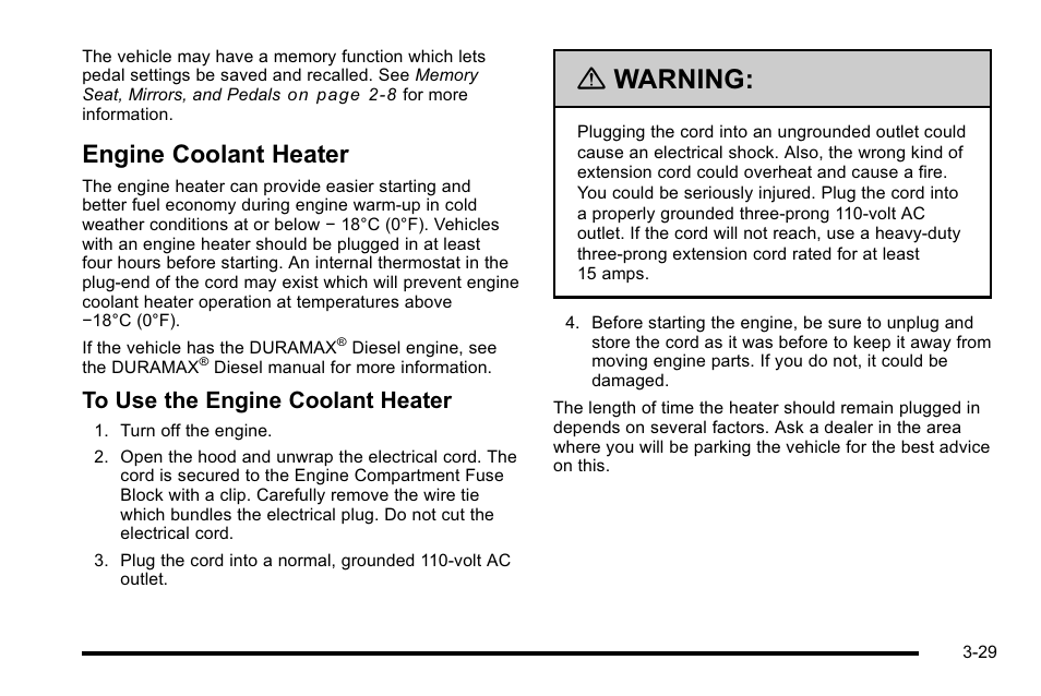 Engine coolant heater, Engine coolant heater -29, Warning | GMC 2010 Sierra User Manual | Page 167 / 658