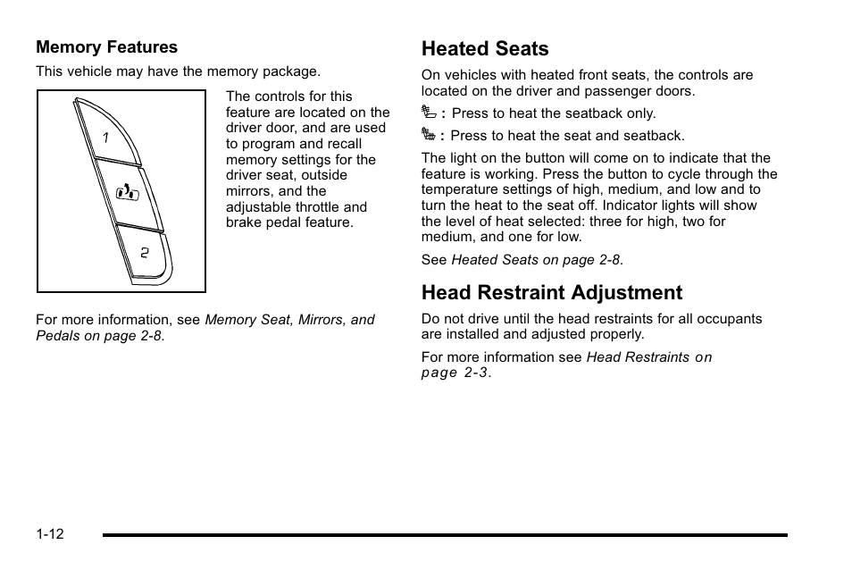 Heated seats, Head restraint adjustment, Heated seats -12 head restraint adjustment -12 | GMC 2010 Sierra User Manual | Page 18 / 658