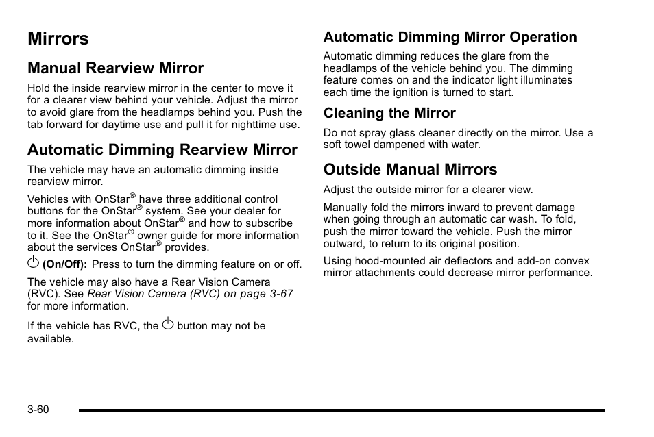 Mirrors, Manual rearview mirror, Automatic dimming rearview mirror | Outside manual mirrors, Mirrors -60, Front axle, Automatic dimming mirror operation, Cleaning the mirror | GMC 2010 Sierra User Manual | Page 198 / 658