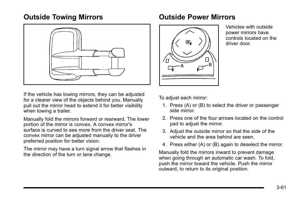 Outside towing mirrors, Outside power mirrors | GMC 2010 Sierra User Manual | Page 199 / 658