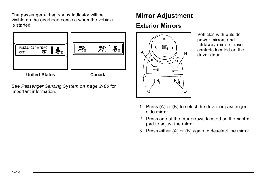 Mirror adjustment, Mirror adjustment -14, Exterior mirrors | GMC 2010 Sierra User Manual | Page 20 / 658