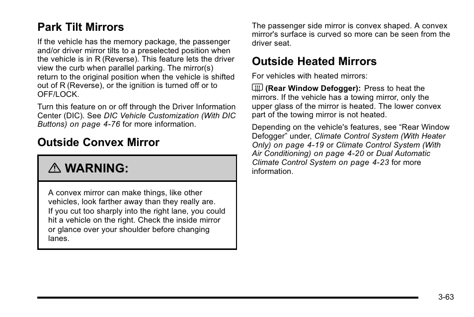 Park tilt mirrors, Outside convex mirror, Outside heated mirrors | Warning | GMC 2010 Sierra User Manual | Page 201 / 658