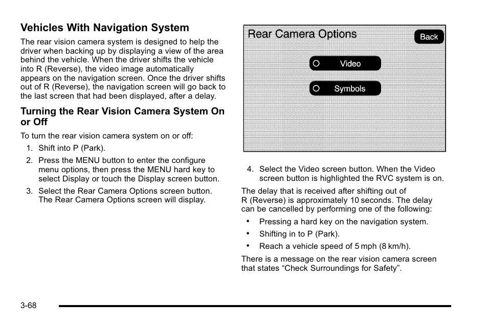 Vehicles with navigation system, Turning the rear vision camera system on or off | GMC 2010 Sierra User Manual | Page 206 / 658