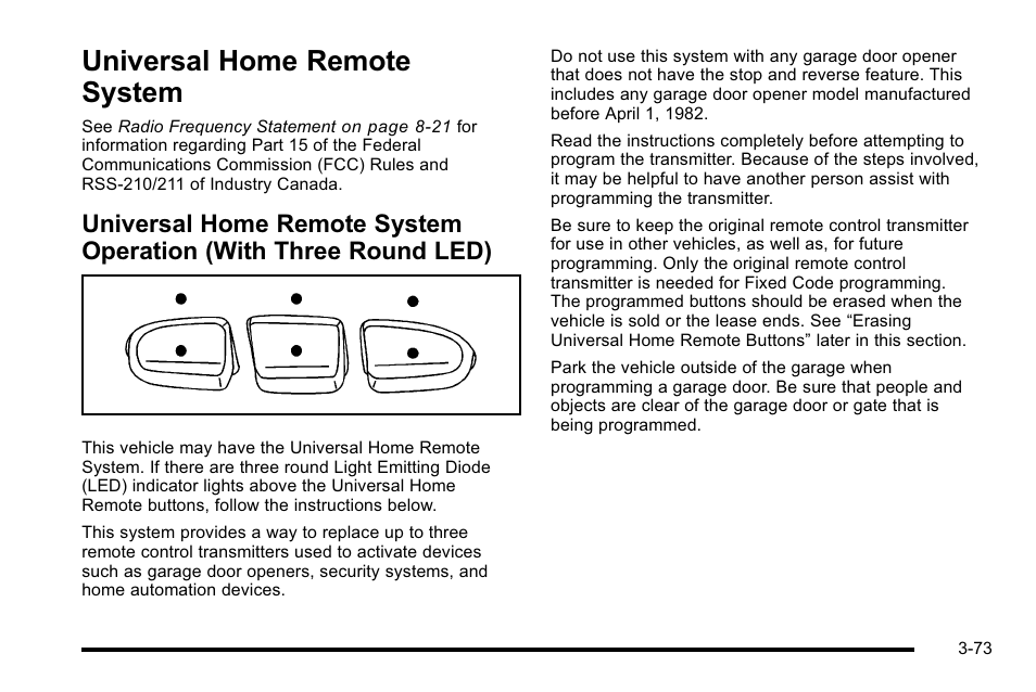 Universal home remote system, Universal home remote system -73, Universal home remote system operation | With three round led) -73 | GMC 2010 Sierra User Manual | Page 211 / 658