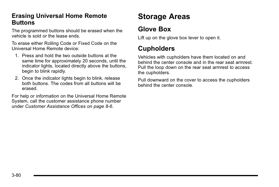 Storage areas, Glove box, Cupholders | Areas -80, Storage areas -80, Glove box -80 cupholders -80, Erasing universal home remote buttons | GMC 2010 Sierra User Manual | Page 218 / 658