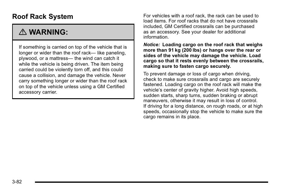 Roof rack system, Rack system -82, Warning | GMC 2010 Sierra User Manual | Page 220 / 658