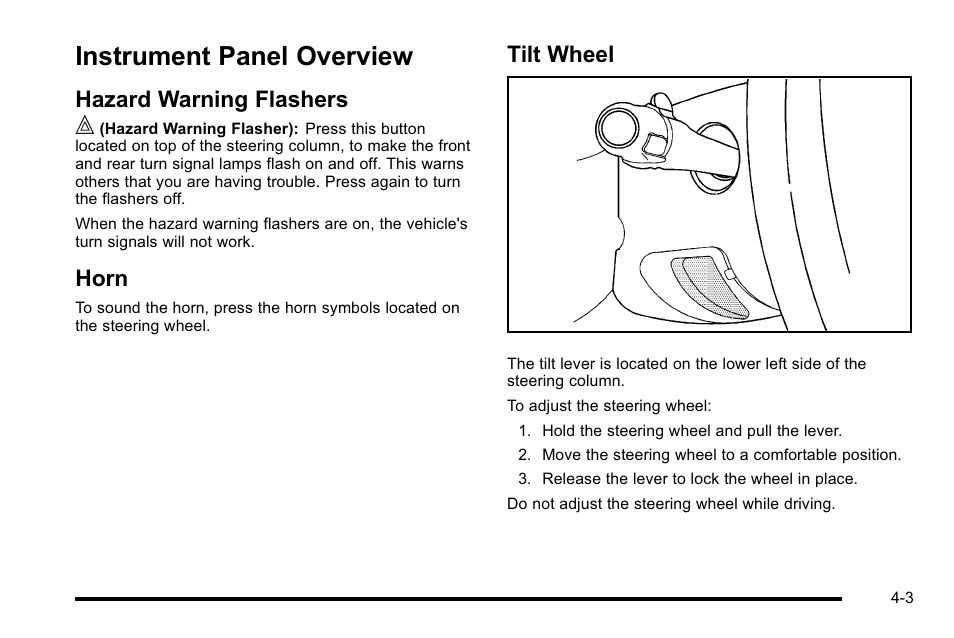 Instrument panel overview, Hazard warning flashers, Horn | Tilt wheel, Instrument panel overview -3, Hazard warning flashers -3 horn -3 tilt wheel -3 | GMC 2010 Sierra User Manual | Page 227 / 658