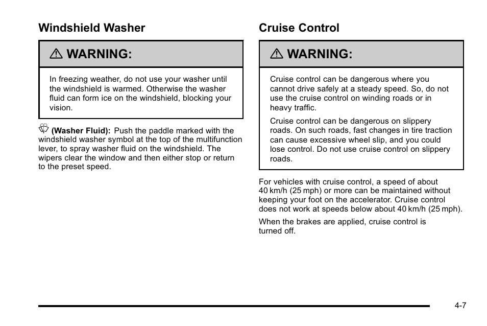 Windshield washer, Cruise control, Windshield washer -7 cruise control -7 | Warning | GMC 2010 Sierra User Manual | Page 231 / 658