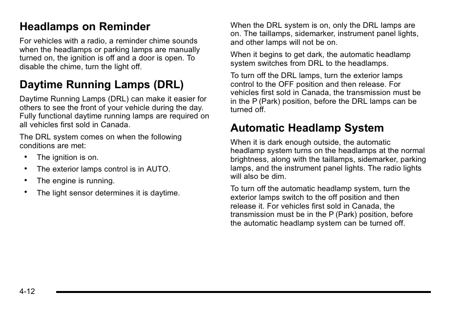 Headlamps on reminder, Daytime running lamps (drl), Automatic headlamp system | GMC 2010 Sierra User Manual | Page 236 / 658