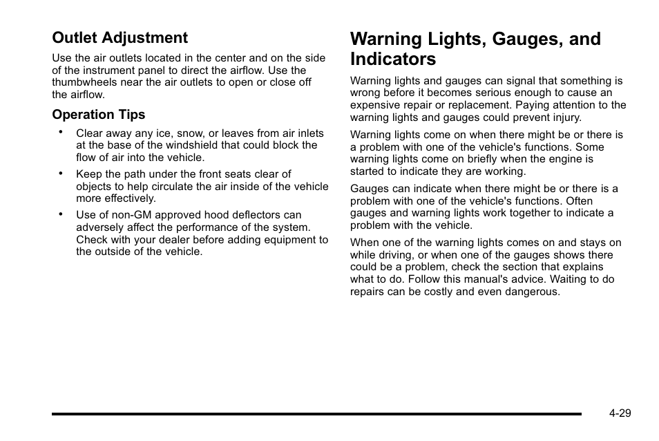 Outlet adjustment, Warning lights, gauges, and indicators, Warning lights, gauges, and indicators -29 | Outlet adjustment -29, Operation tips | GMC 2010 Sierra User Manual | Page 253 / 658