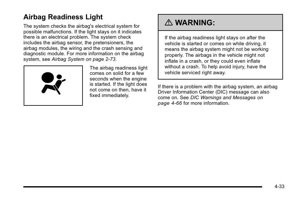 Airbag readiness light, Airbag readiness light -33, Warning | GMC 2010 Sierra User Manual | Page 257 / 658