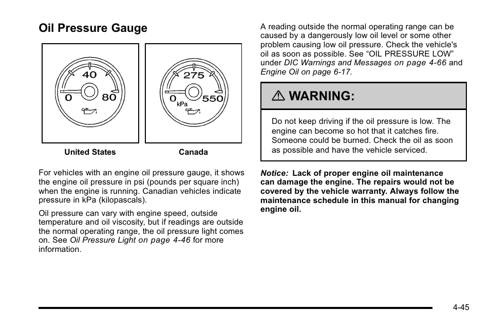 Oil pressure gauge, Oil pressure gauge -45, Warning | GMC 2010 Sierra User Manual | Page 269 / 658