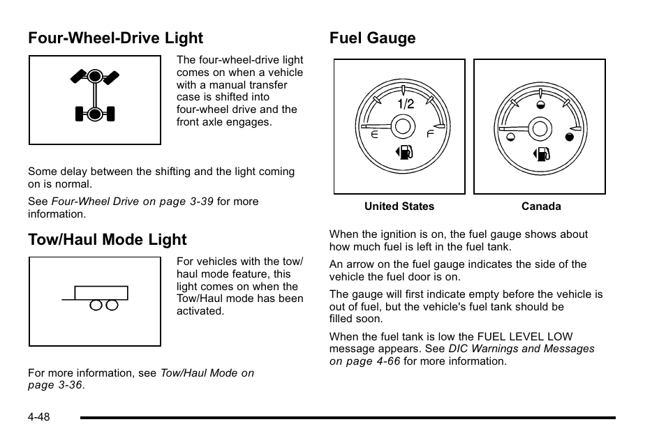 Four-wheel-drive light, Tow/haul mode light, Fuel gauge | GMC 2010 Sierra User Manual | Page 272 / 658