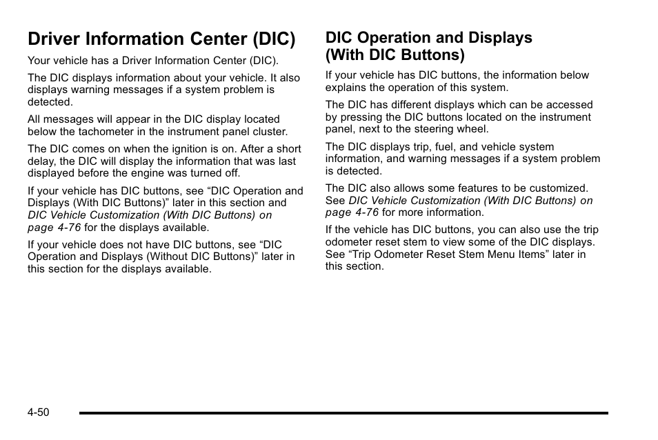Driver information center (dic), Dic operation and displays (with dic buttons), Dic) -50 | Driver information center (dic) -50, Dic operation and displays (with dic, Buttons) -50, Radio | GMC 2010 Sierra User Manual | Page 274 / 658