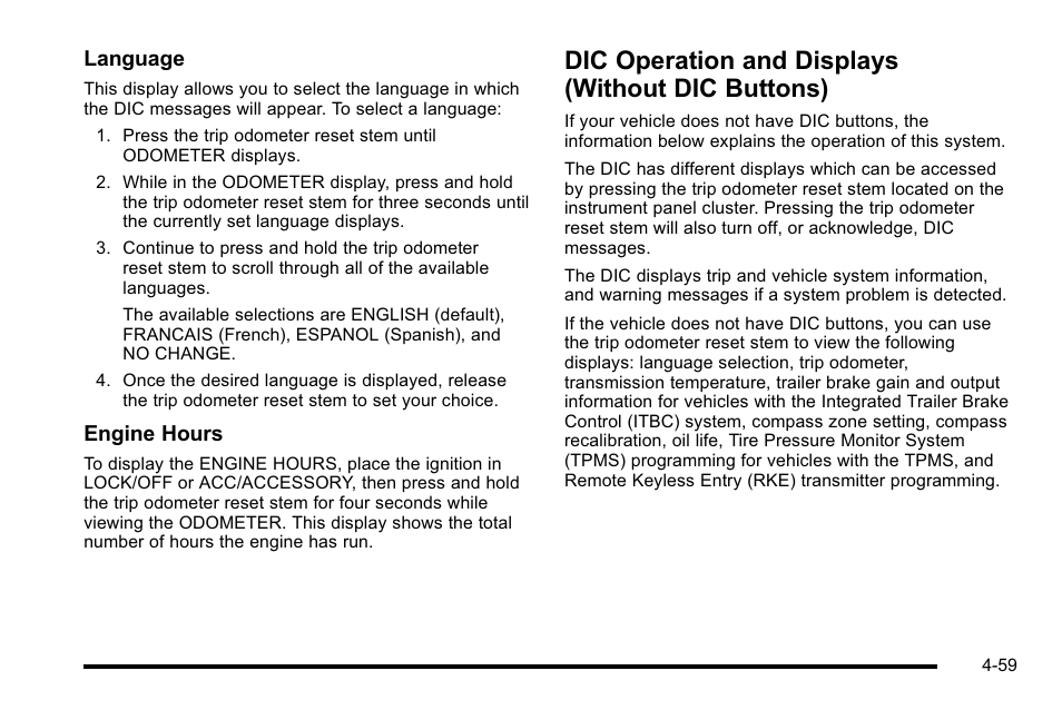 Dic operation and displays (without dic buttons), Dic operation and displays (without dic, Buttons) -59 | GMC 2010 Sierra User Manual | Page 283 / 658