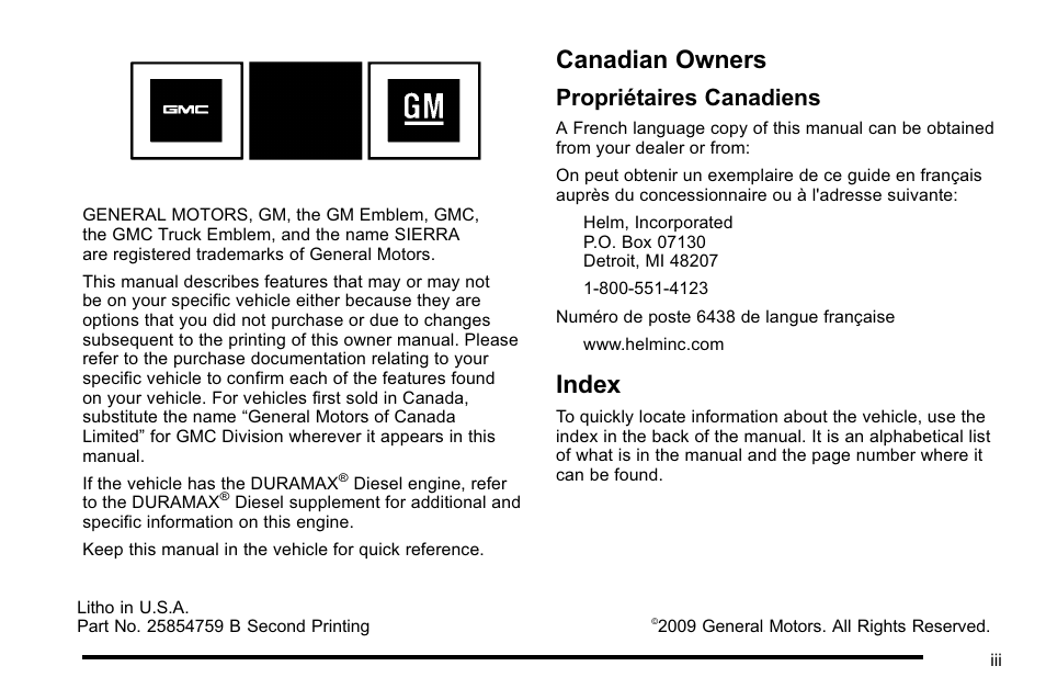 Preface, Canadian owners, Index | Propriétaires canadiens | GMC 2010 Sierra User Manual | Page 3 / 658