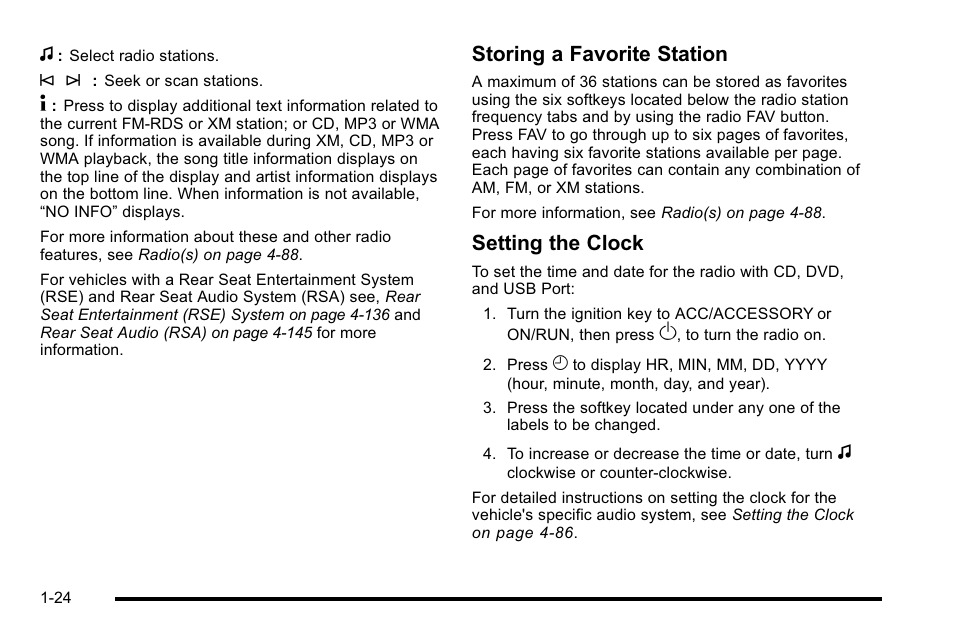 Storing a favorite station, Setting the clock | GMC 2010 Sierra User Manual | Page 30 / 658