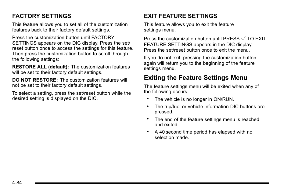 Exiting the feature settings menu, Factory settings, Exit feature settings | GMC 2010 Sierra User Manual | Page 308 / 658