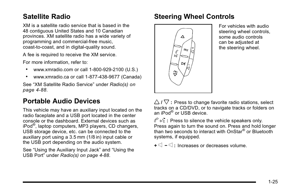 Satellite radio, Portable audio devices, Steering wheel controls | GMC 2010 Sierra User Manual | Page 31 / 658