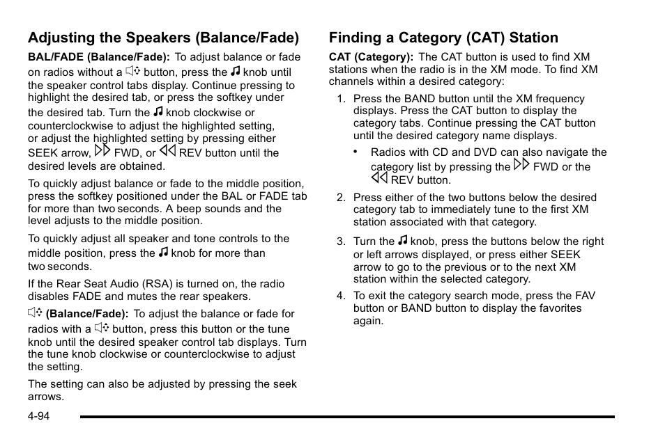 Adjusting the speakers (balance/fade), Finding a category (cat) station | GMC 2010 Sierra User Manual | Page 318 / 658